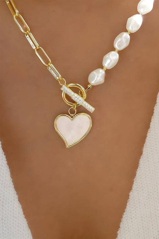 Gold Heart Shape Pendant Pearl Chain Necklace