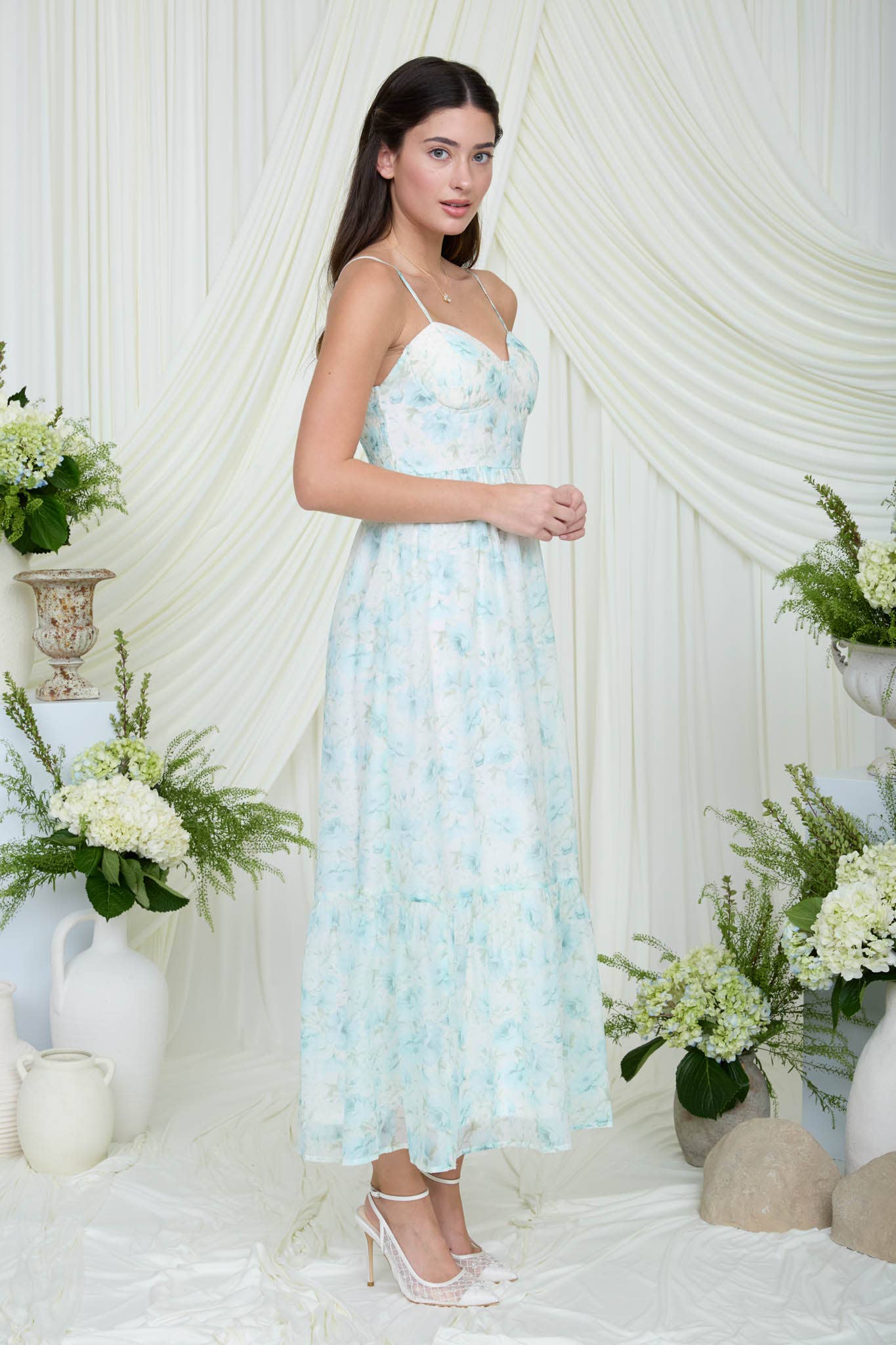 Floral Spaghetti Strap Corset Midi Dress: Mint