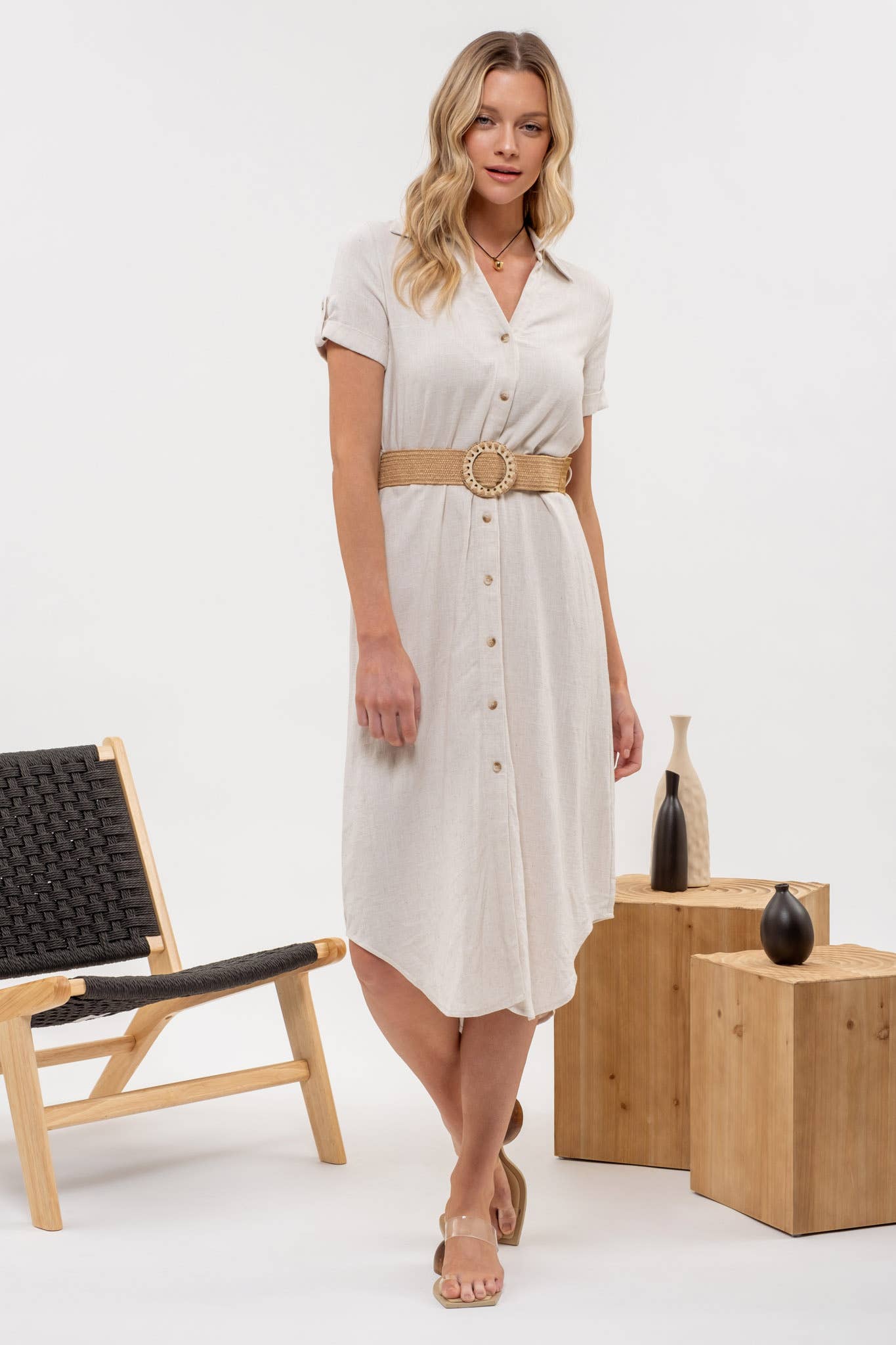 Button Down Natural Midi Dress