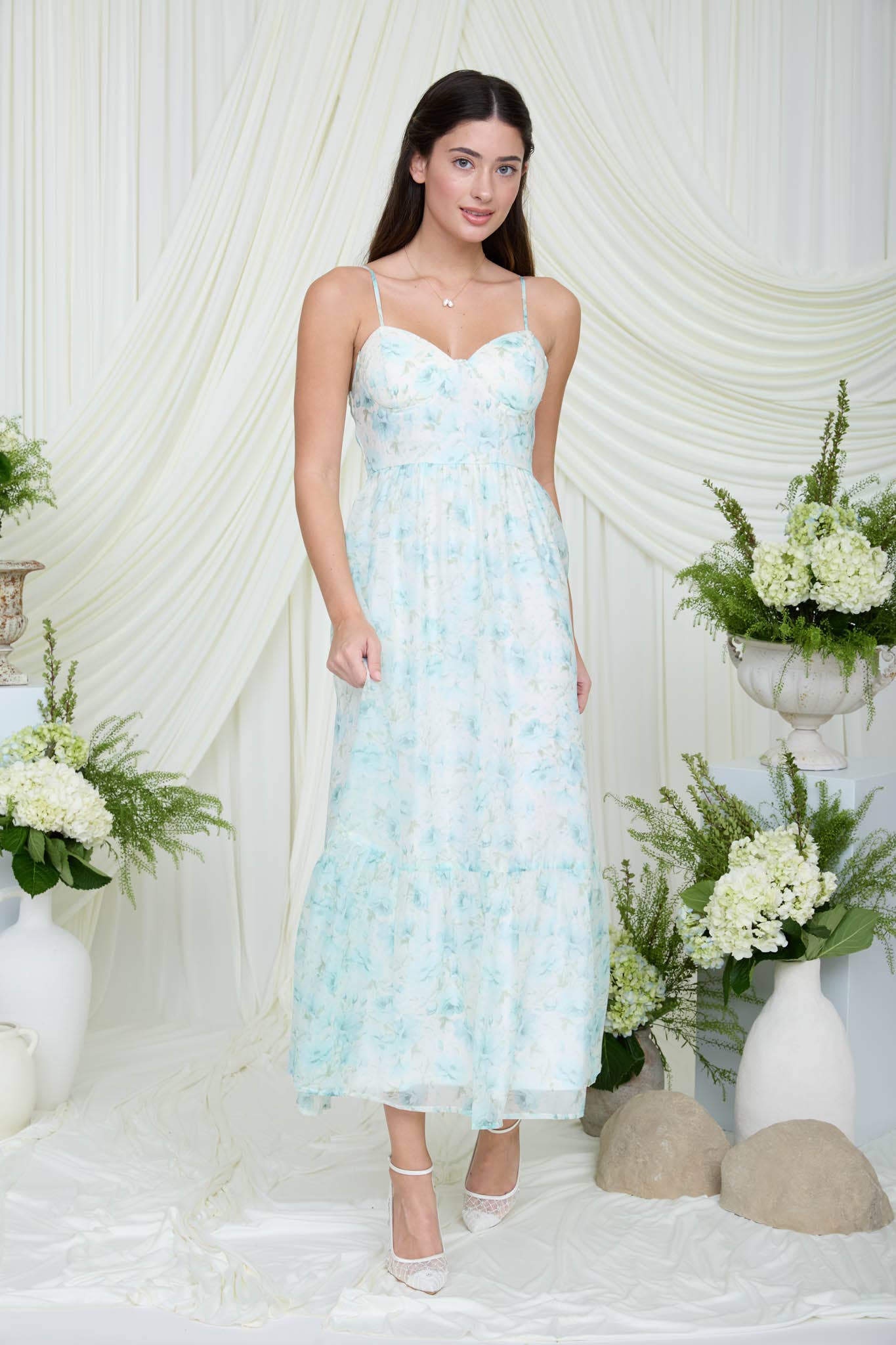 Floral Spaghetti Strap Corset Midi Dress: Mint