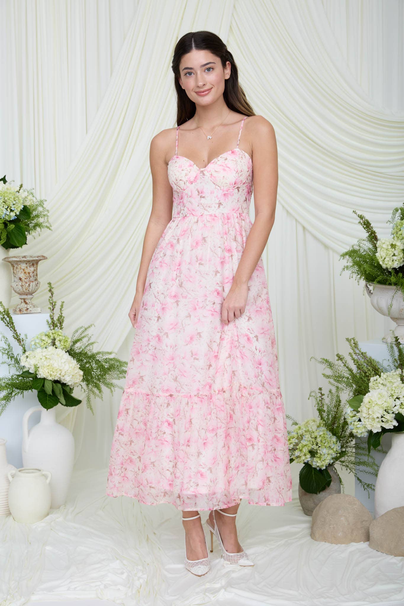 Floral Spaghetti Strap Corset Midi Dress: Pink