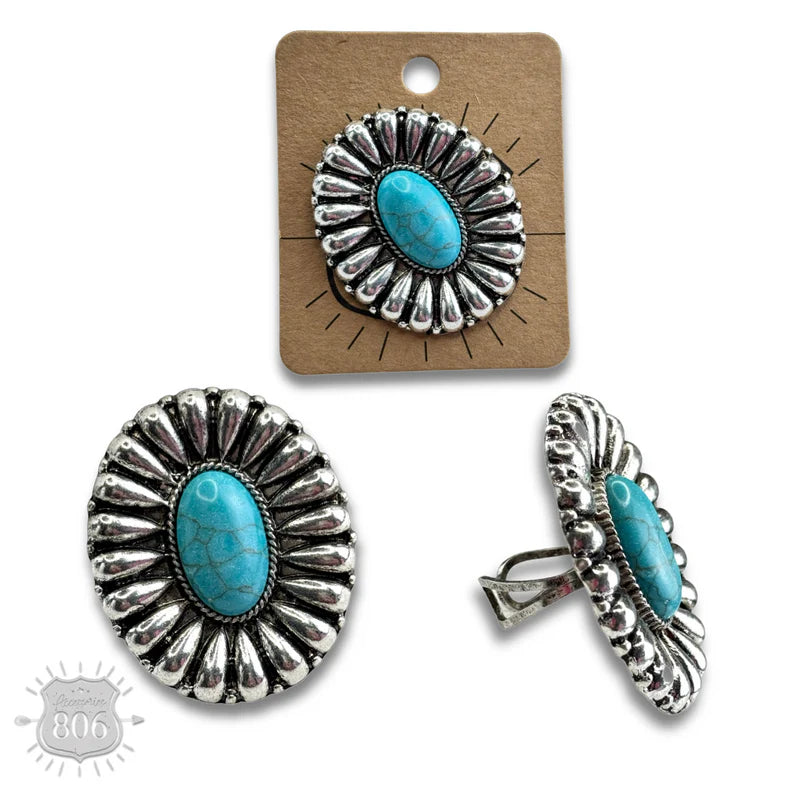 Silver Tone Sunburst Oval Ring