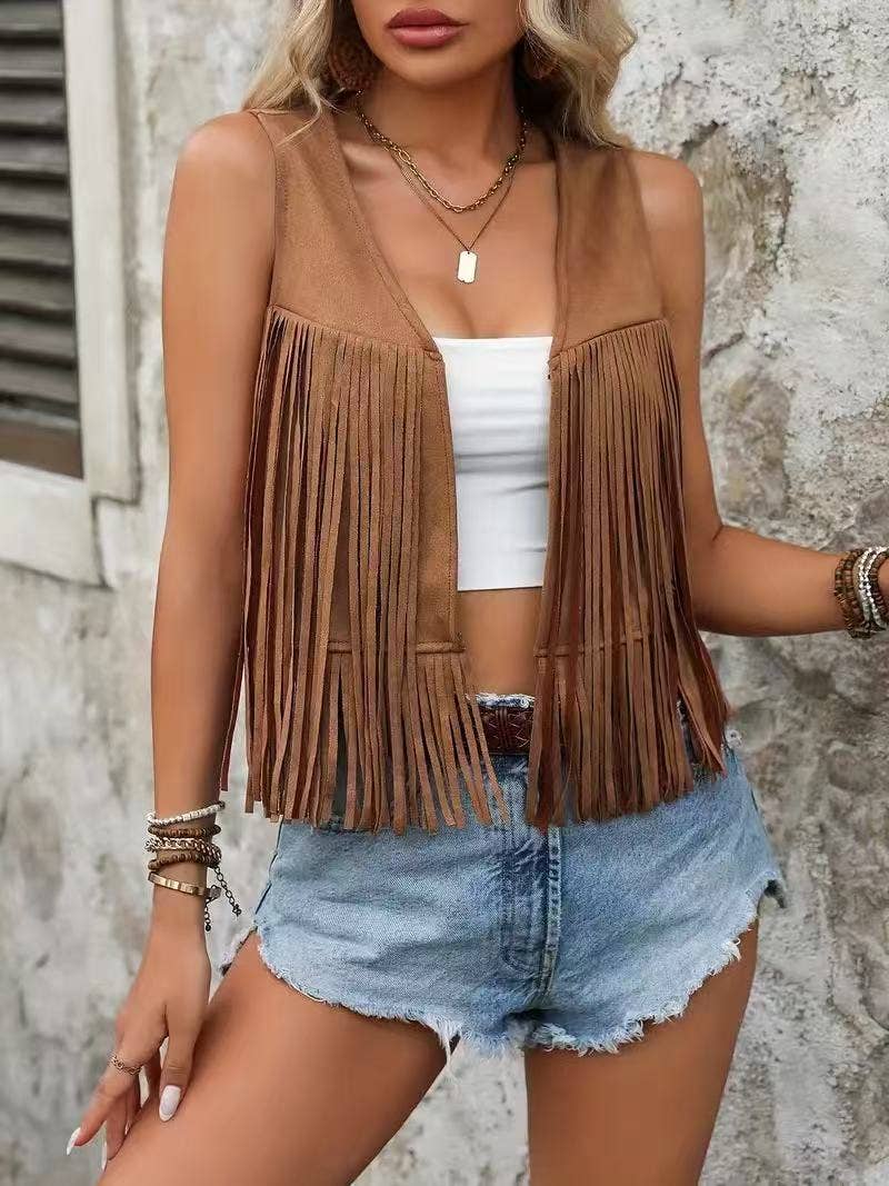 Rustic Western Fringe Open Front Vest: Brown