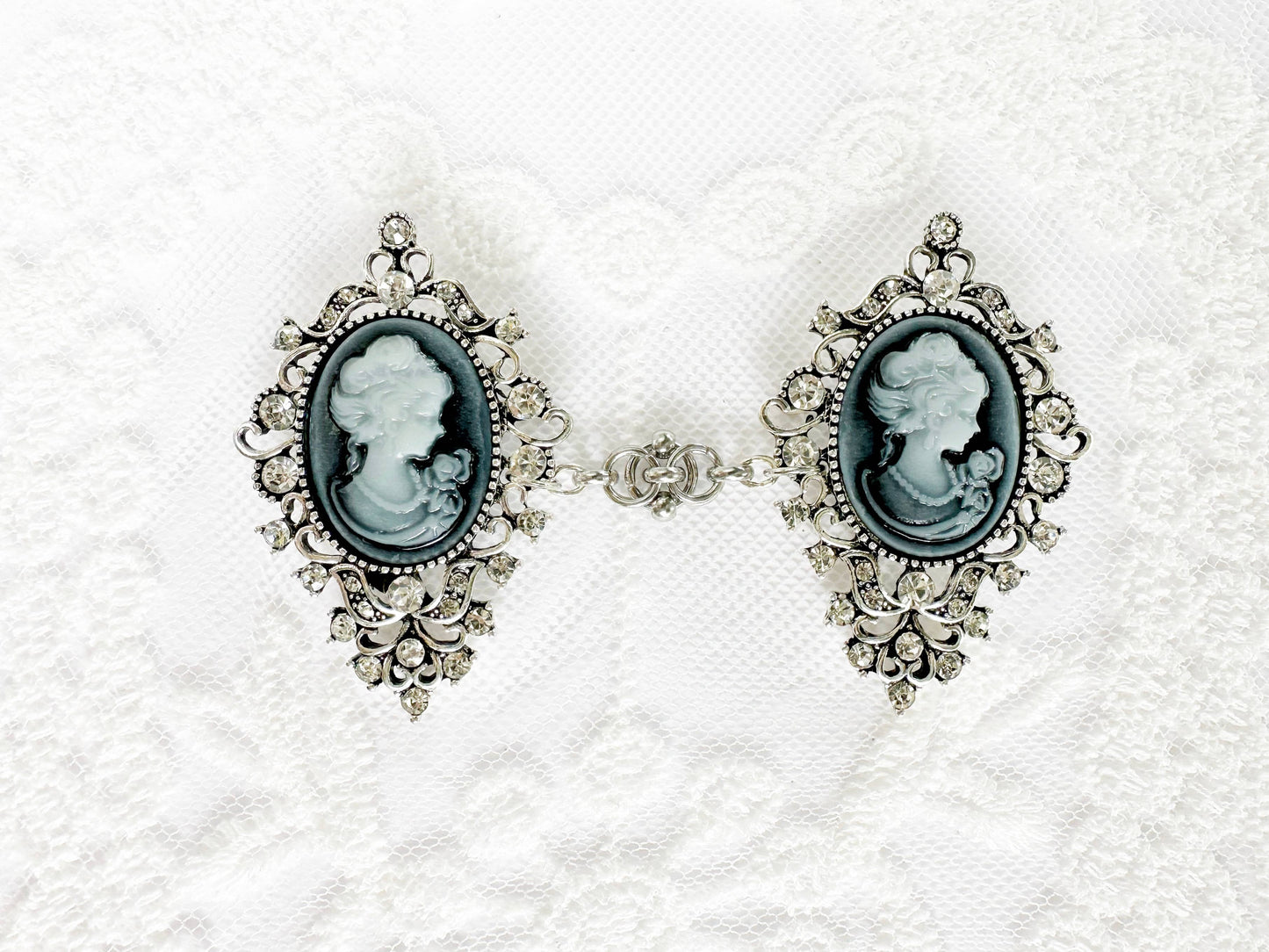 Blue-Gray Cameo & Silver Cinch Clip, Sweater Clasp KardiKlip