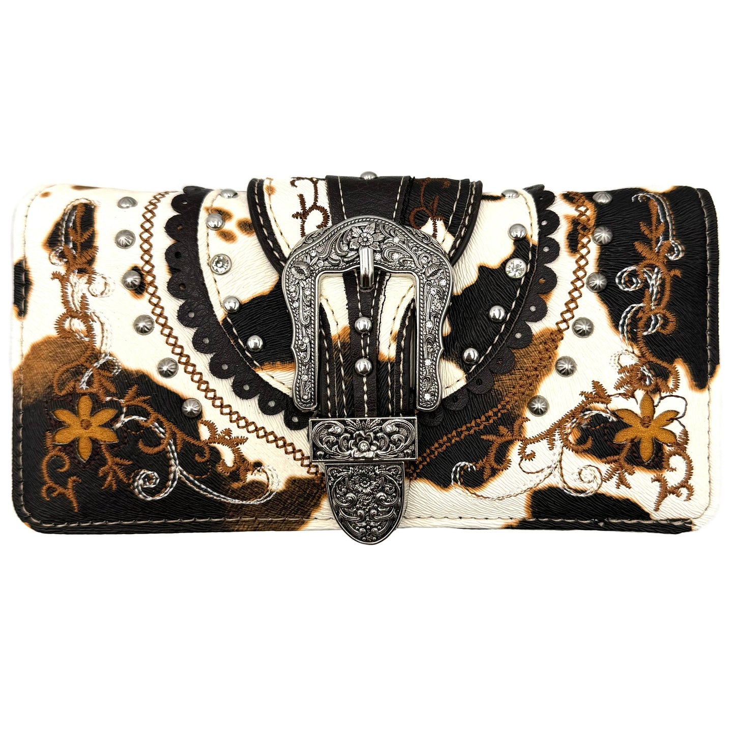 Cow Print Western Leather Buckle Crossbody Wallet: BRN