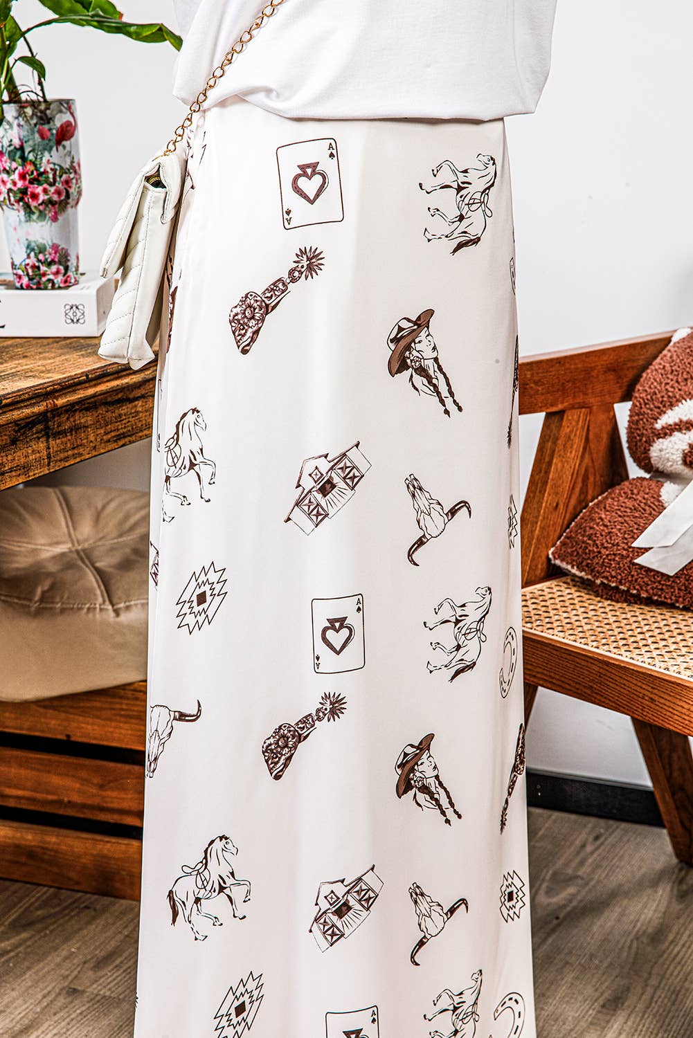 Fashion-W Western Print Satin Long Skirt: Beige / Missy