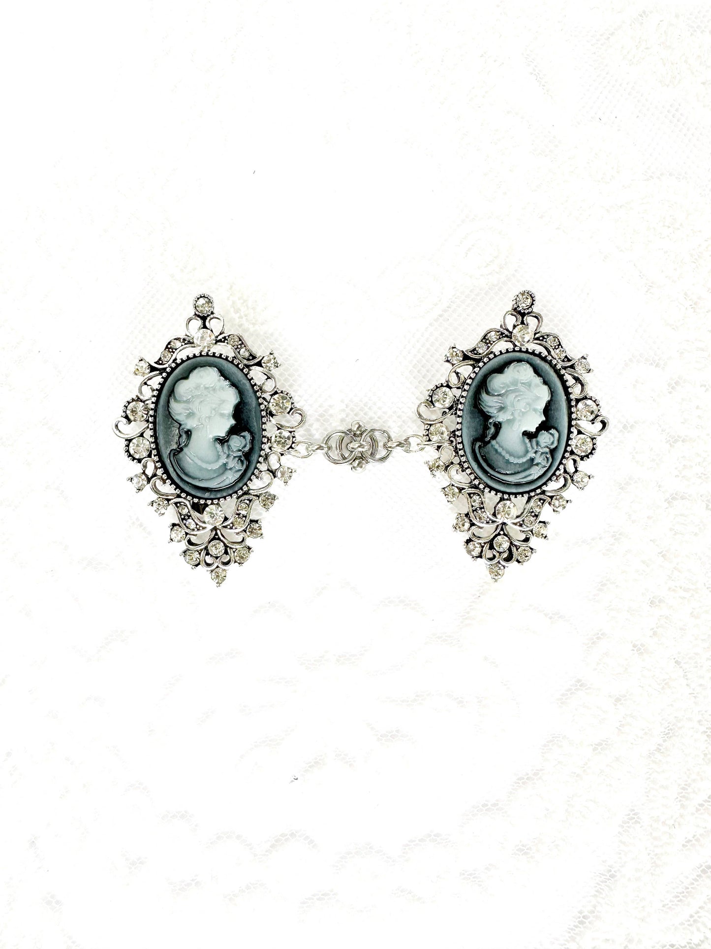 Blue-Gray Cameo & Silver Cinch Clip, Sweater Clasp KardiKlip