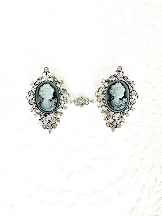 Blue-Gray Cameo & Silver Cinch Clip, Sweater Clasp KardiKlip
