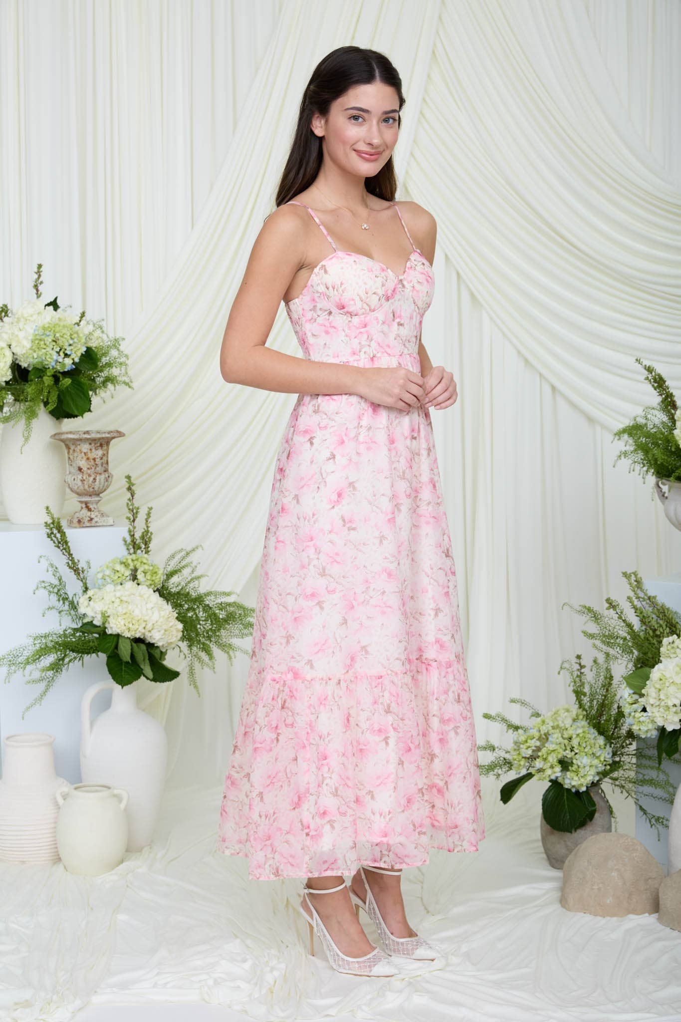 Floral Spaghetti Strap Corset Midi Dress: Pink