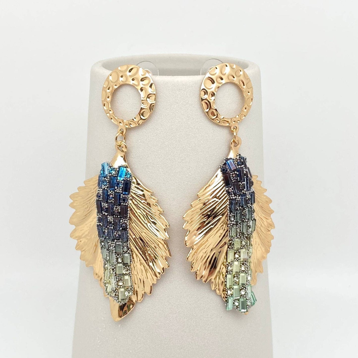 Blue Rhinestone Golden Metal Feather