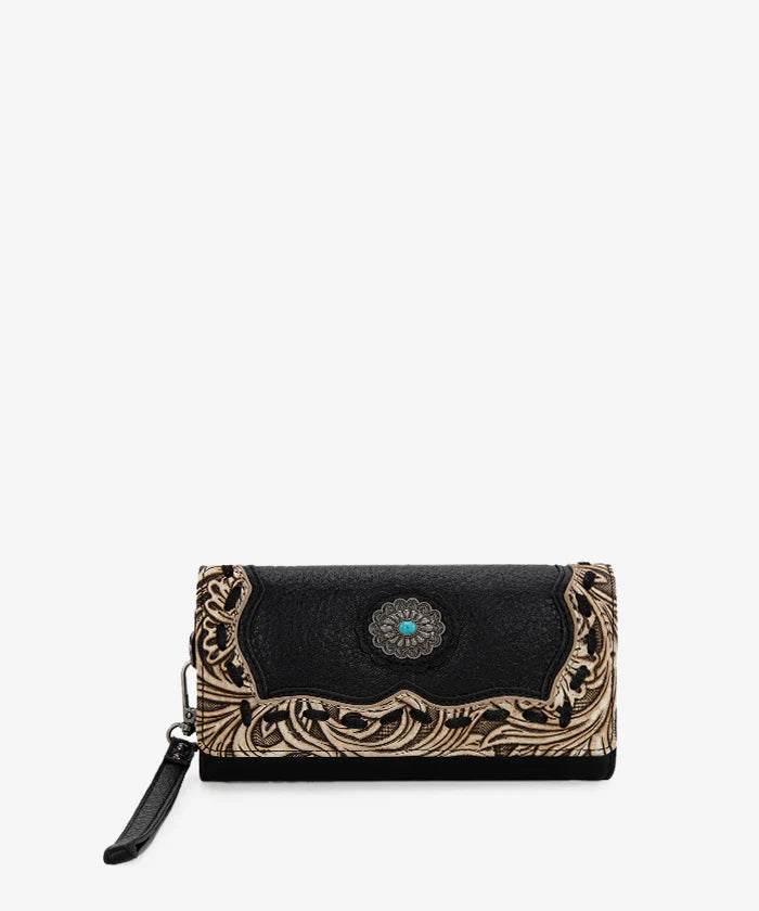 Trinity Ranch Floral Tooled Concho Wallet BLK