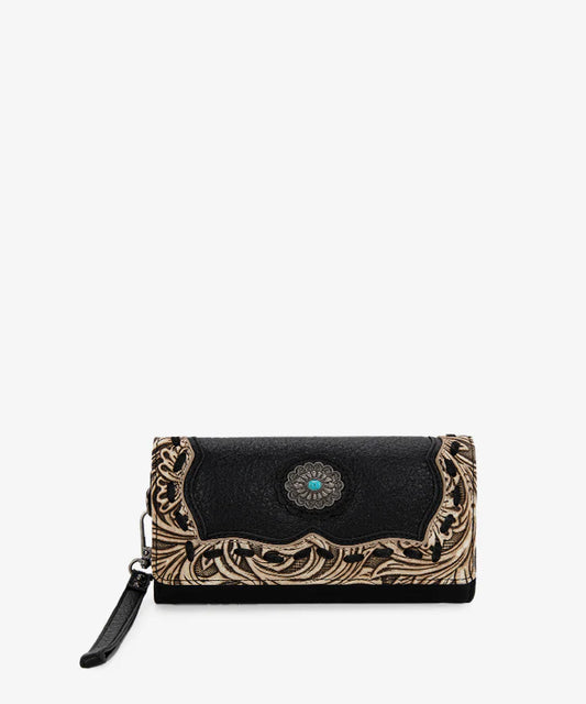 Trinity Ranch Floral Tooled Concho Wallet BLK