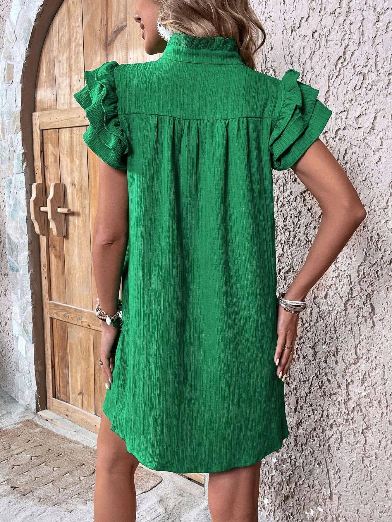 Multi-layer lotus sleeve V-neck dress