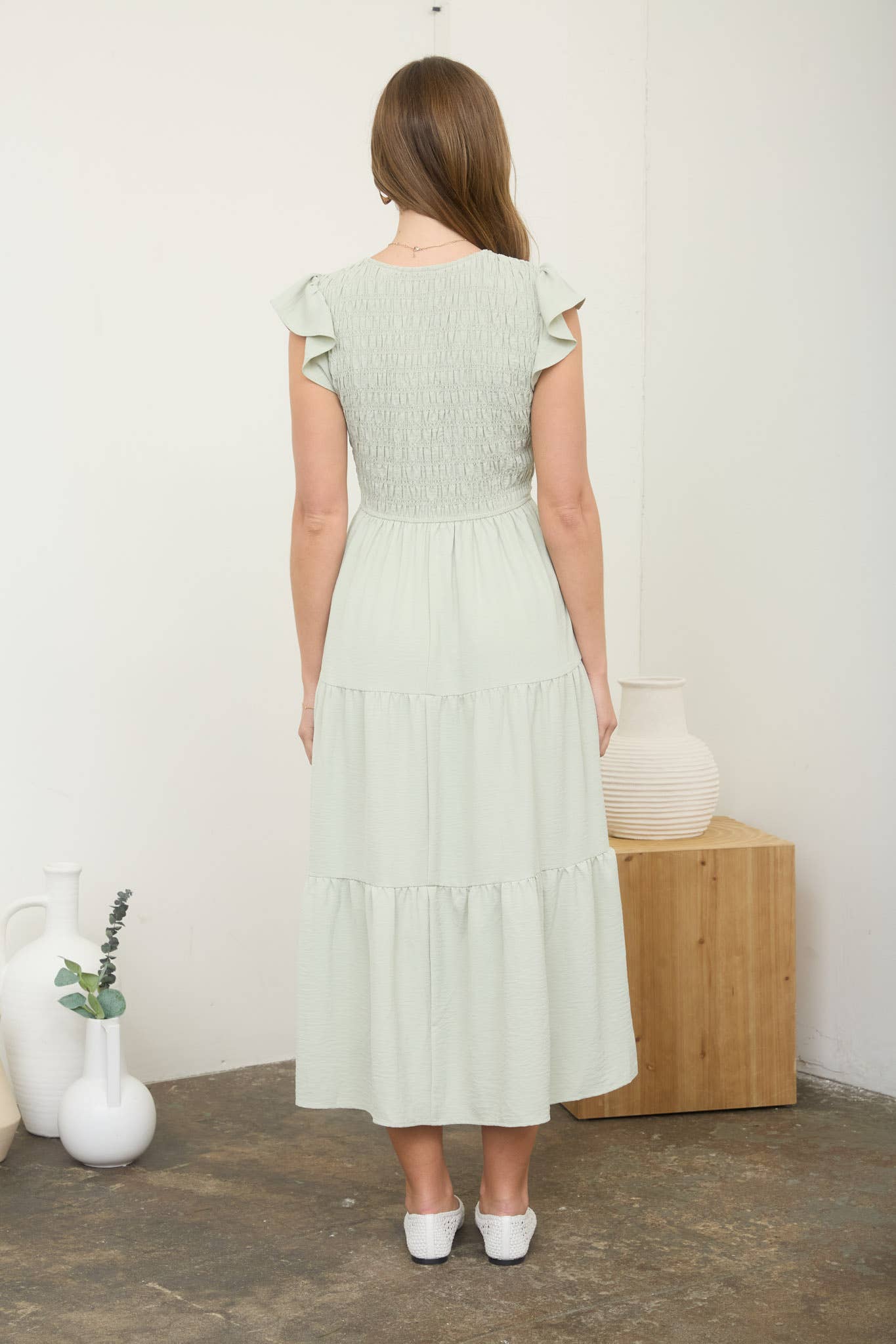 Smocked Midi Dress: Light Olive