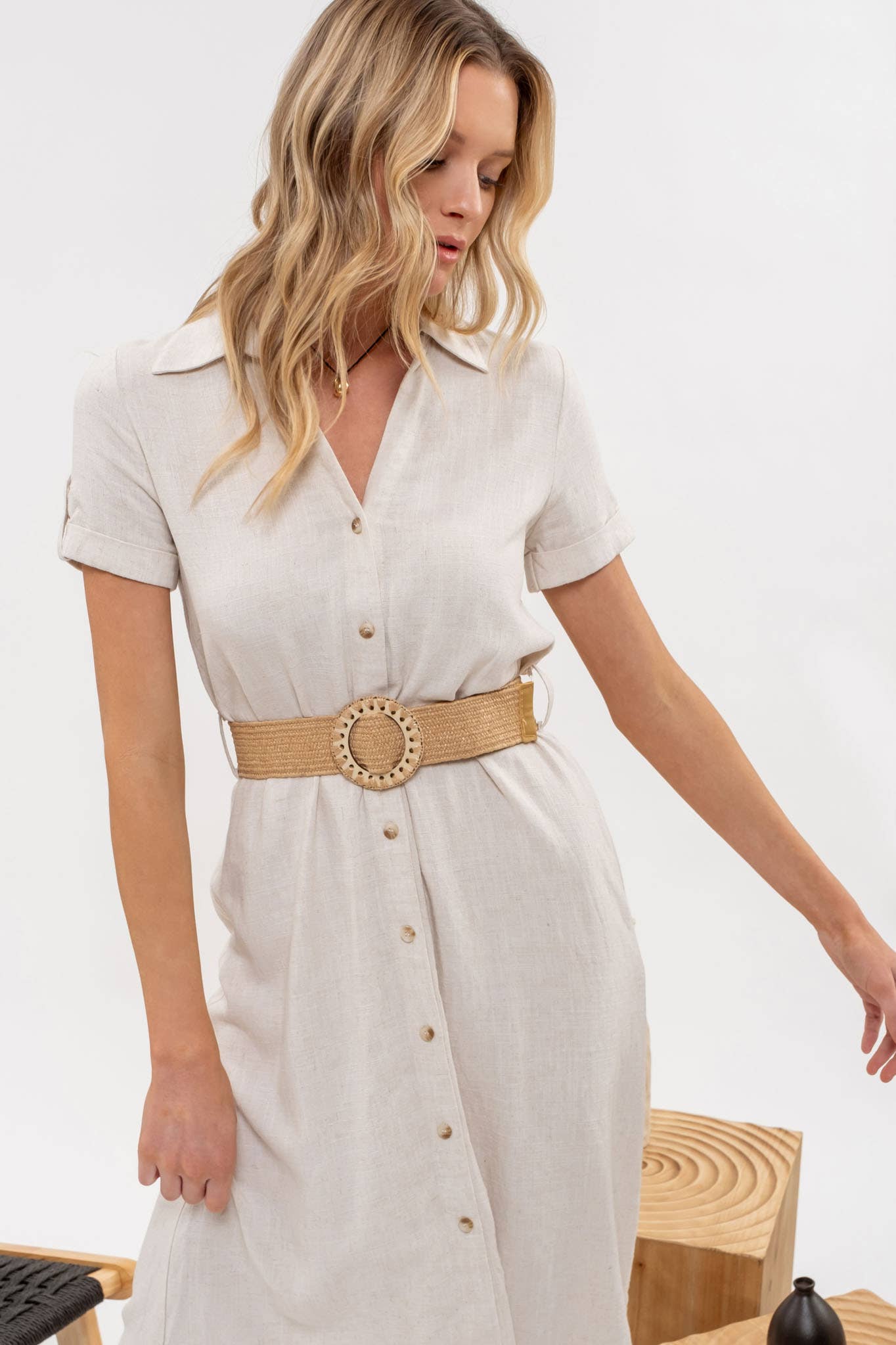 Button Down Natural Midi Dress