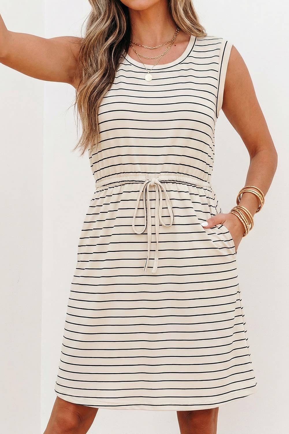 Tunic Mini Dress Beige Stripe