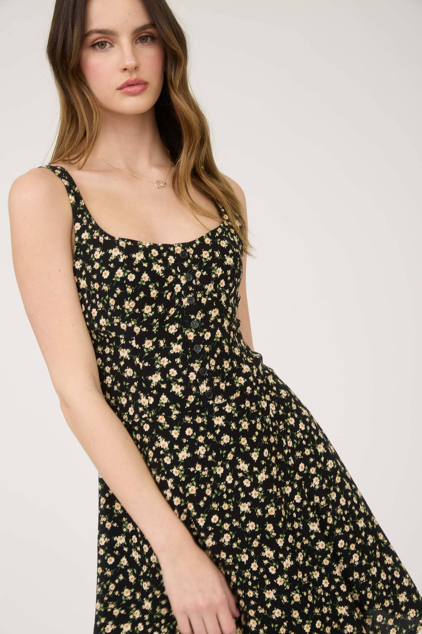FLORAL SLEEVELESS HALF BUTTON DOWN MINI DRESS: CREAM MULTI