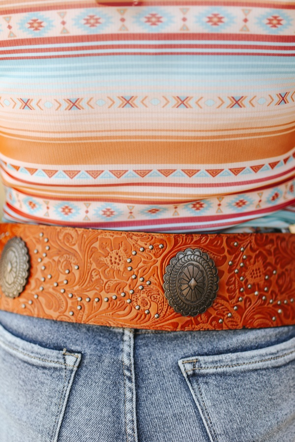 Cognac Tooled Genuine Leather Belt