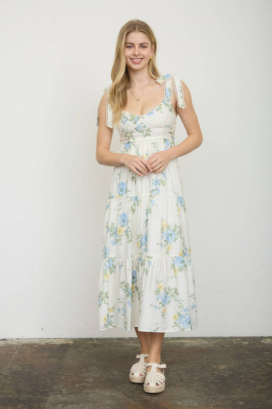 Floral Midi Lace Trim Dress - Blue