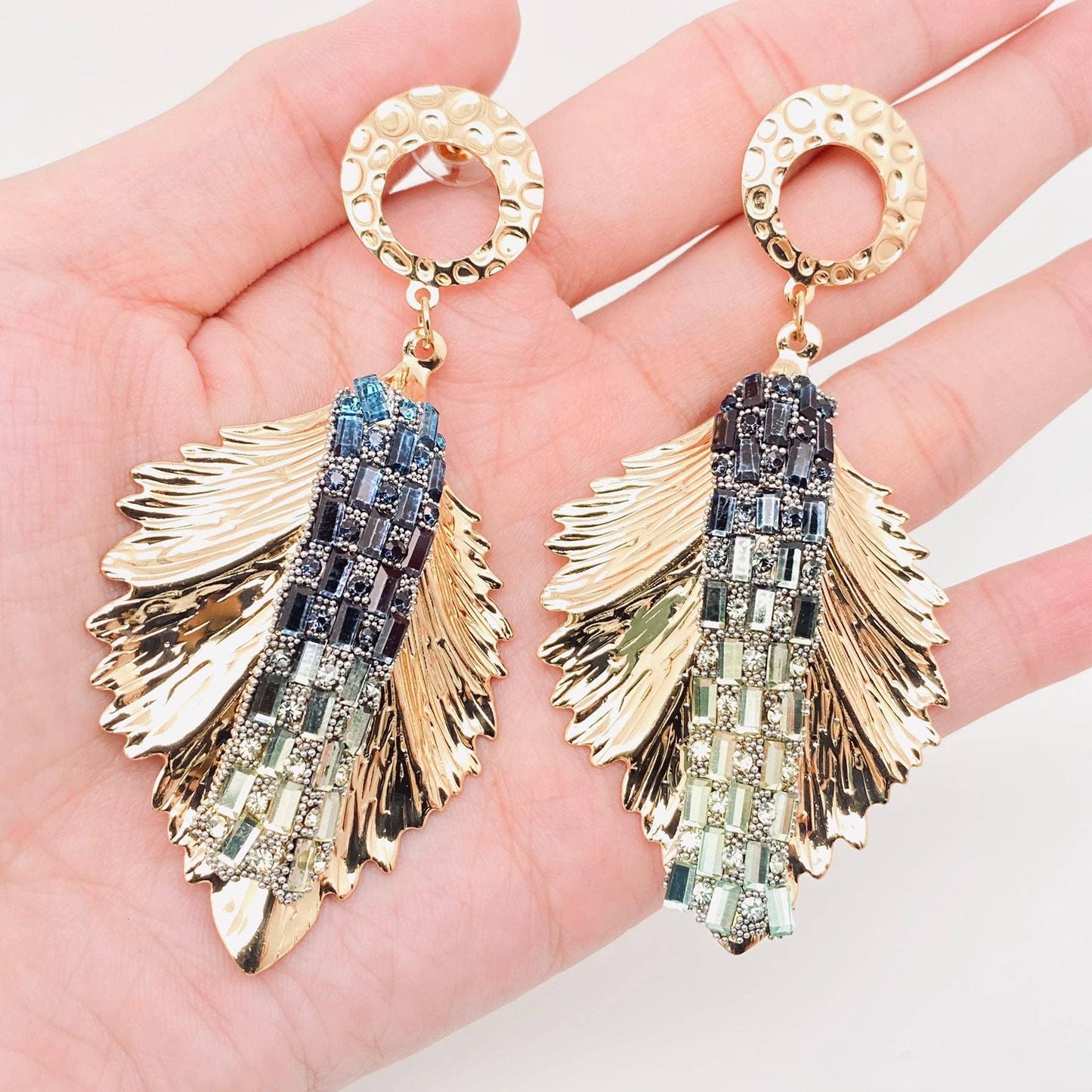 Blue Rhinestone Golden Metal Feather