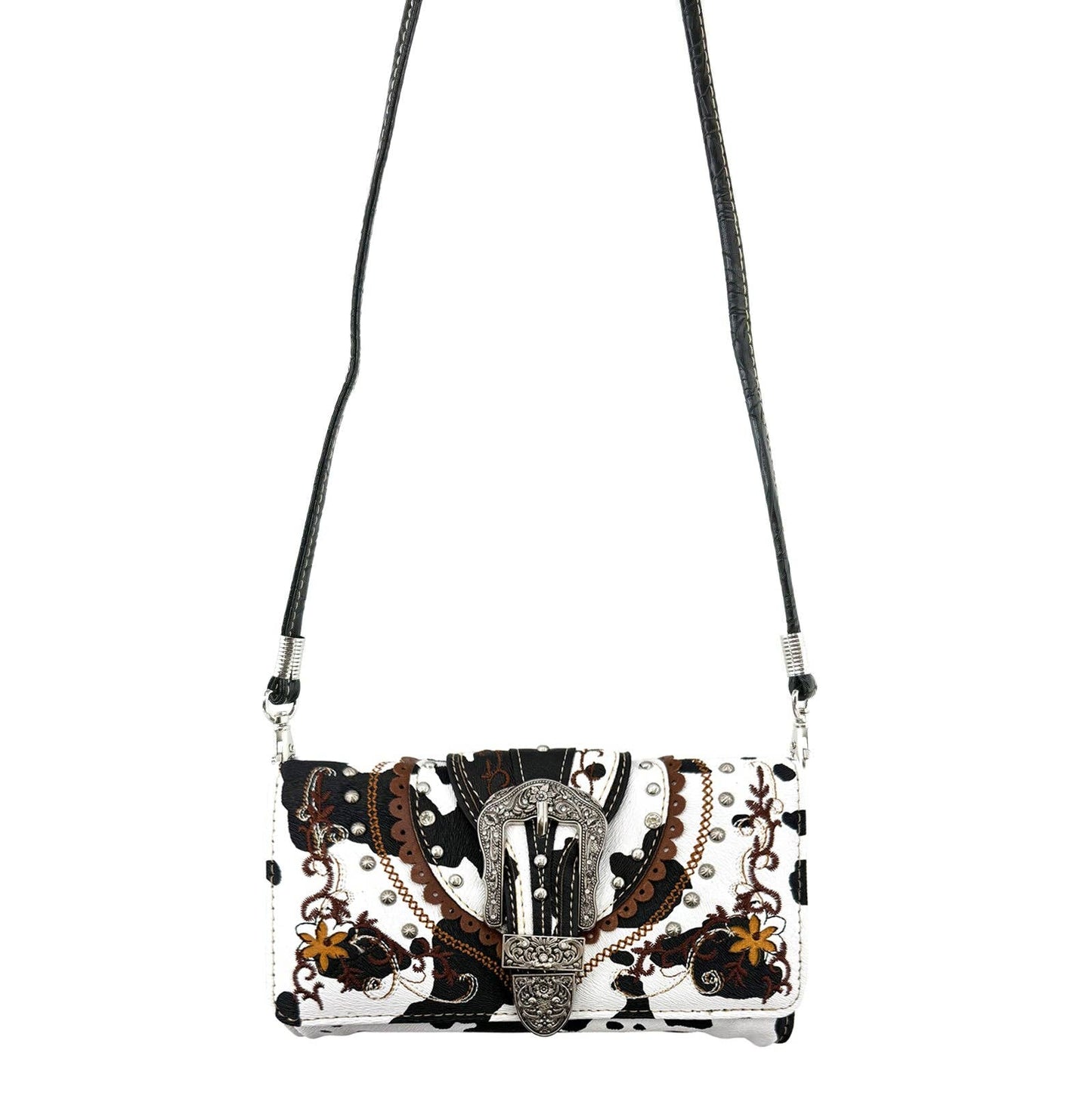Cow Print Western Leather Buckle Crossbody Wallet: BRN