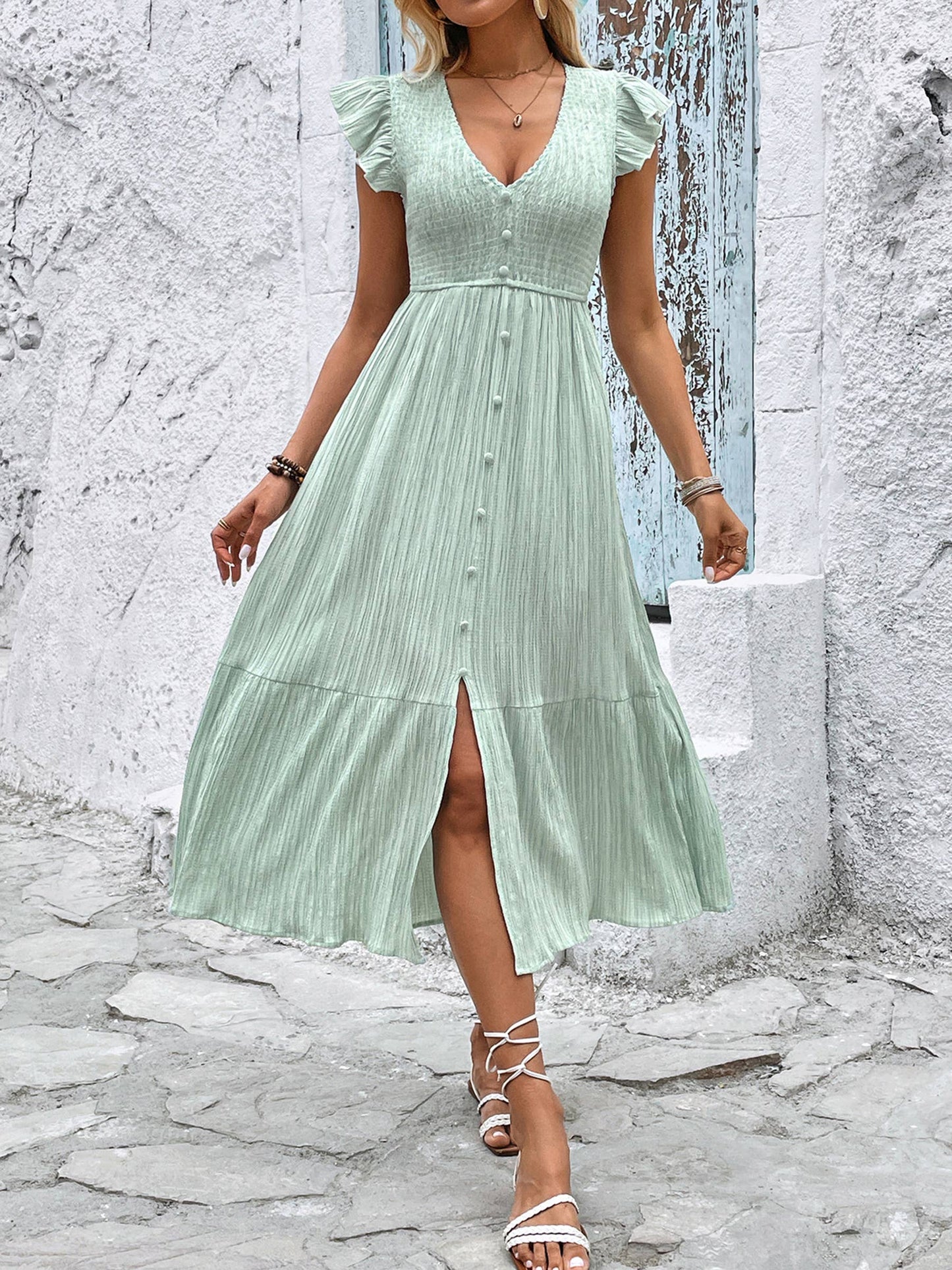 V-neck Slit Dress Green