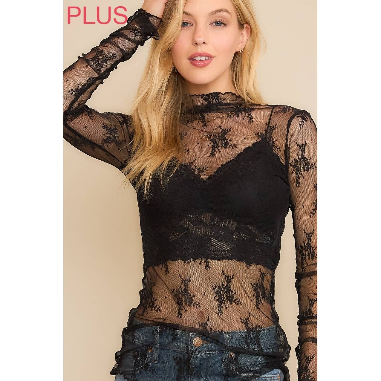PLUS MESH LACE HIGH NECK TOP: Black