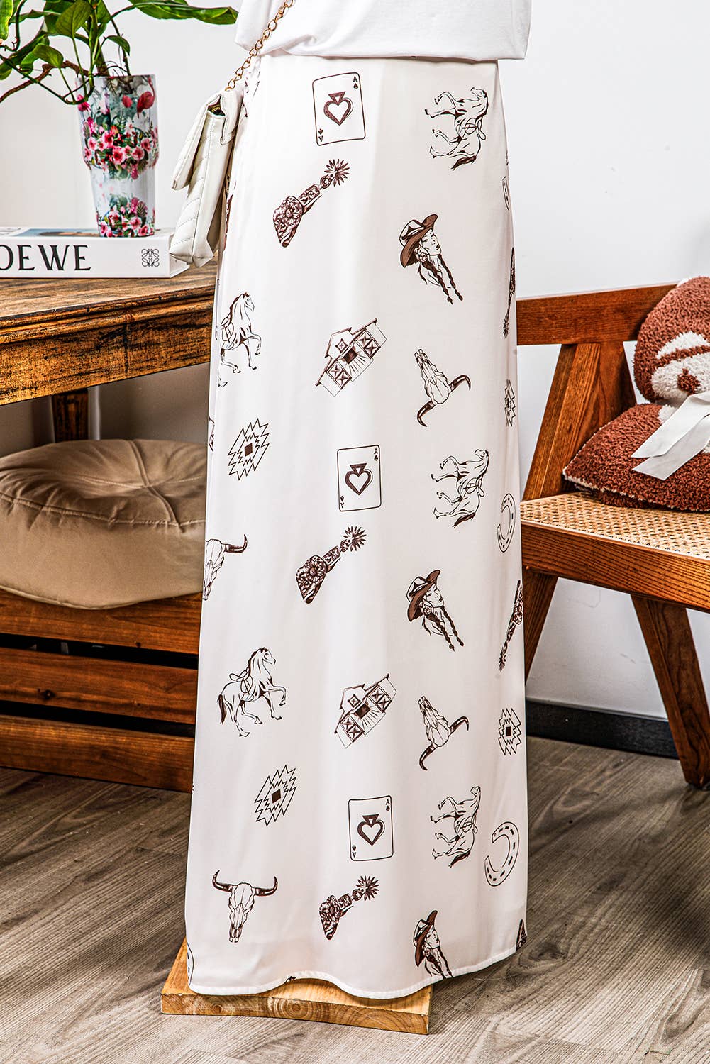 Fashion-W Western Print Satin Long Skirt: Beige / Missy