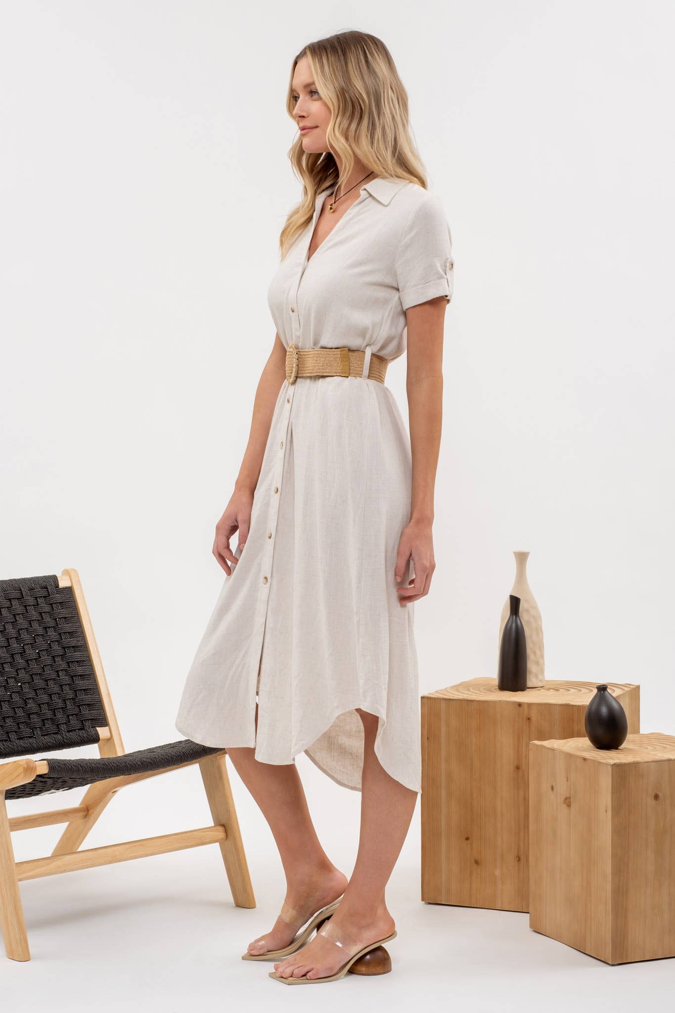 Button Down Natural Midi Dress