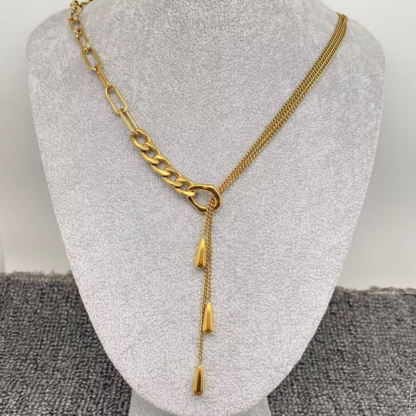 Teardrop Charm 18K Gold Plated SS Chain Lariat Necklace