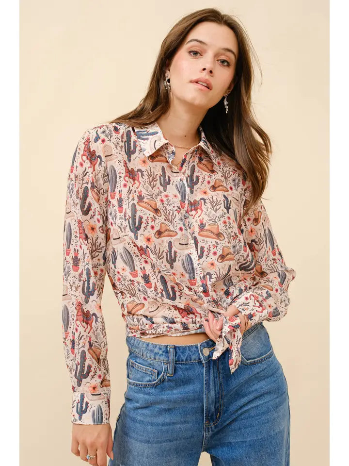 Western Motif Button-Down Blouse Beige