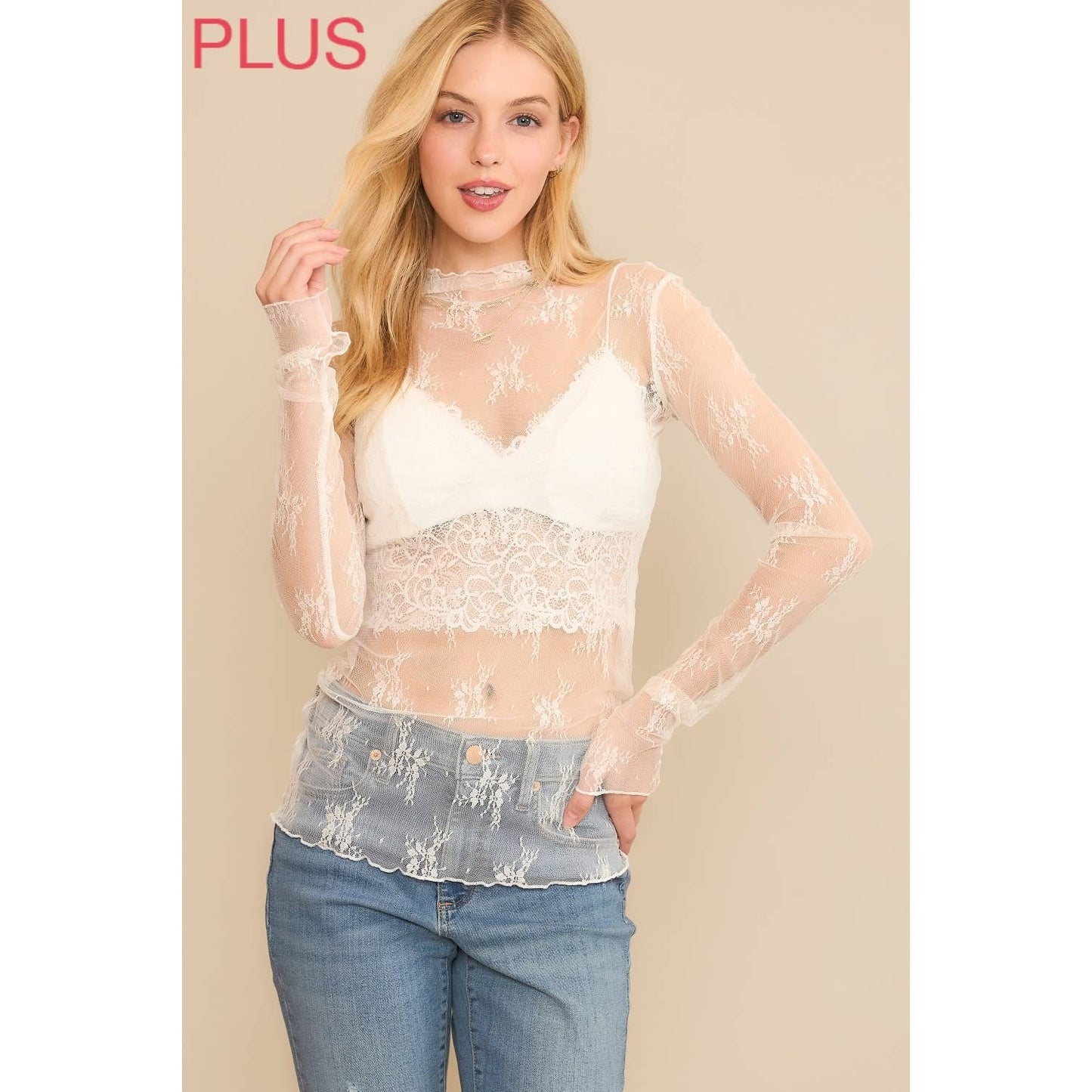 PLUS MESH LACE TOP: Off White