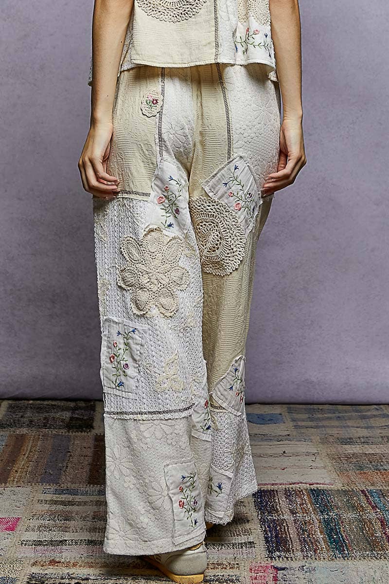Solid Lace Patch Detail Woven Pants
