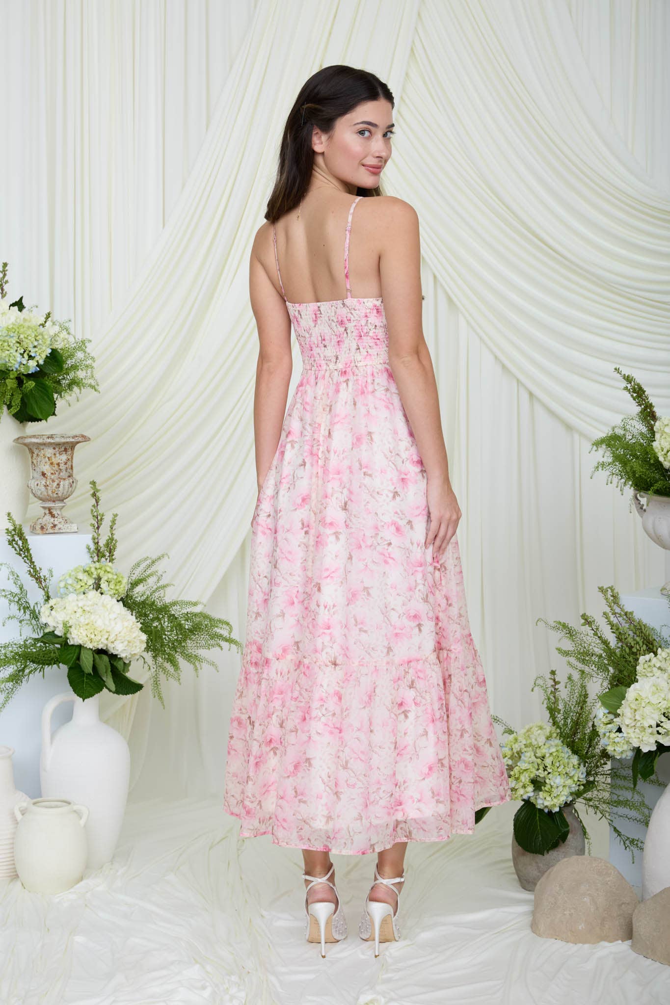 Floral Spaghetti Strap Corset Midi Dress: Pink