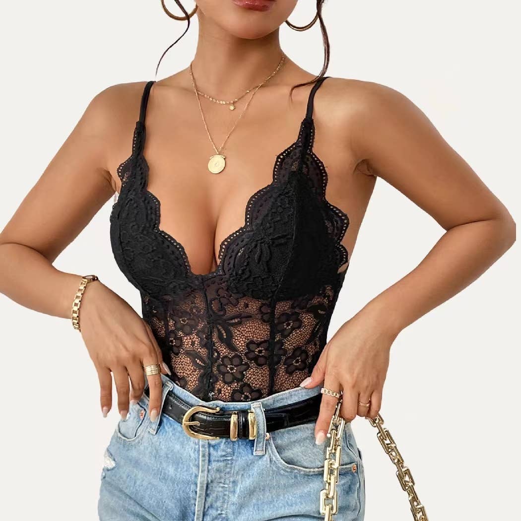 Chic Black Lace Sheer Sleeveless Bodysuit