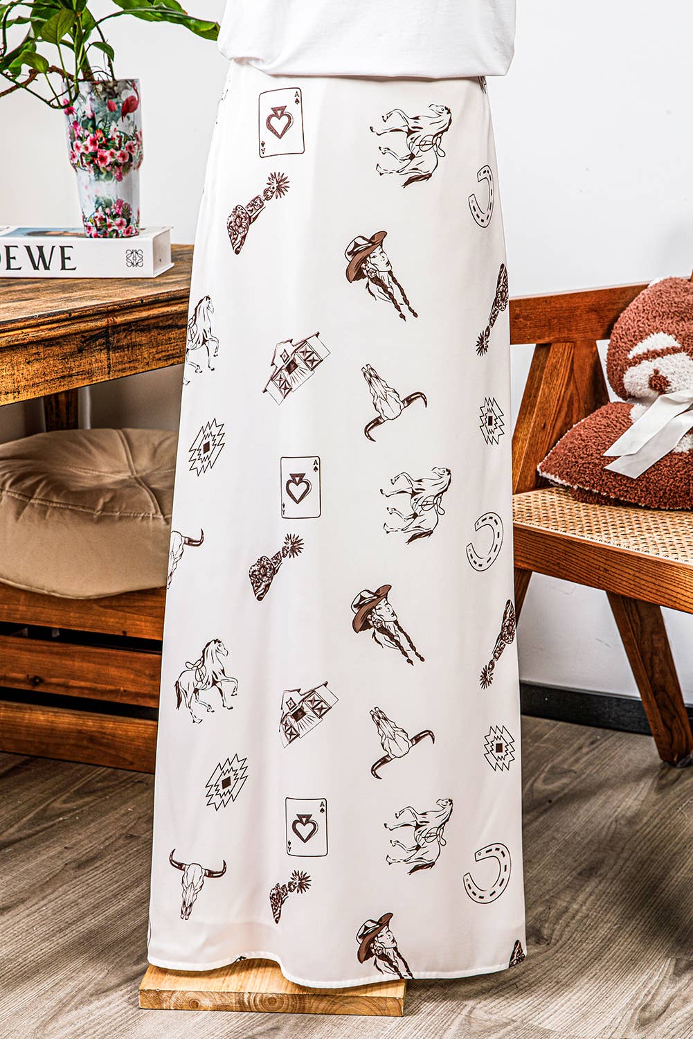 Fashion-W Western Print Satin Long Skirt: Beige / Missy
