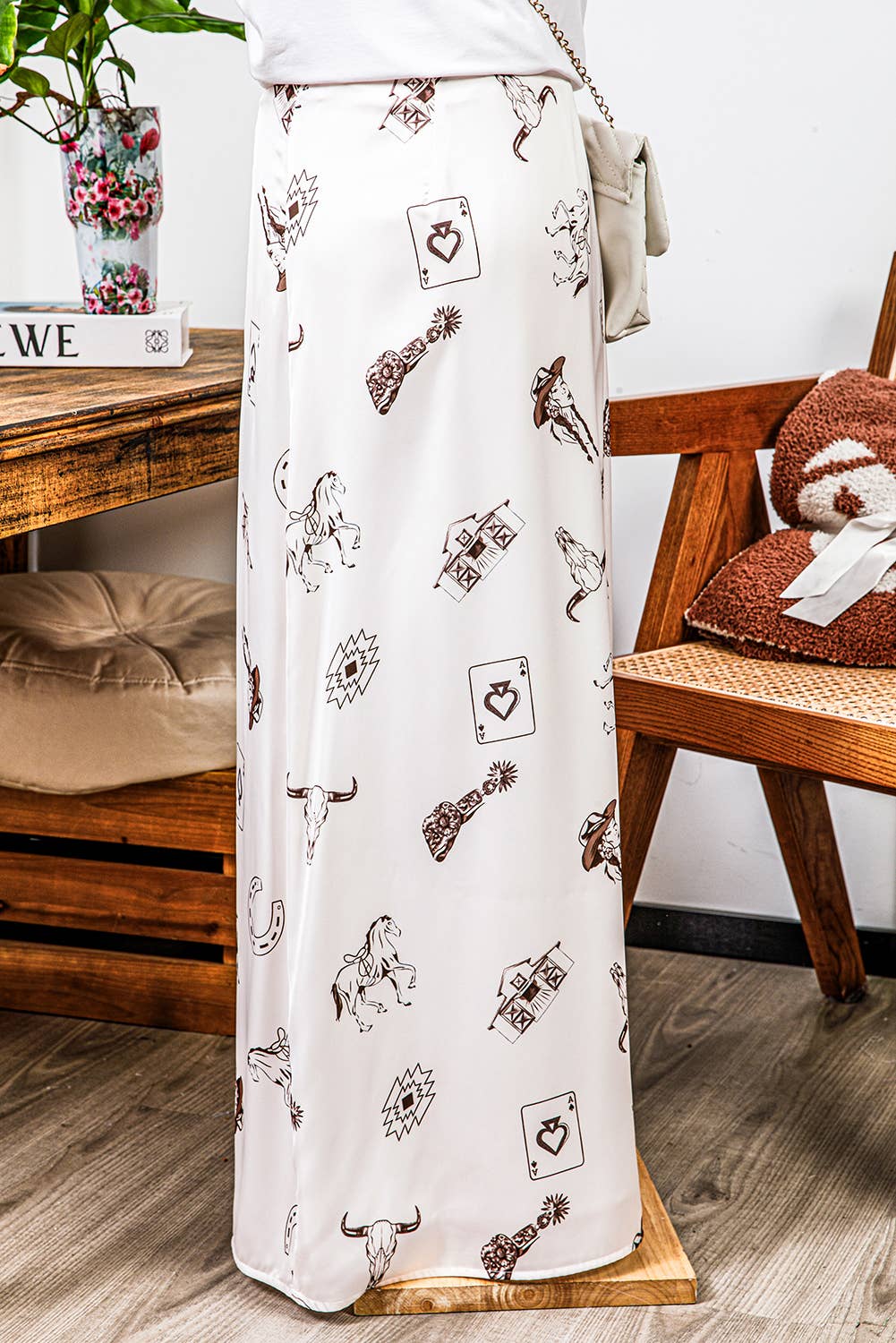 Fashion-W Western Print Satin Long Skirt: Beige / Missy
