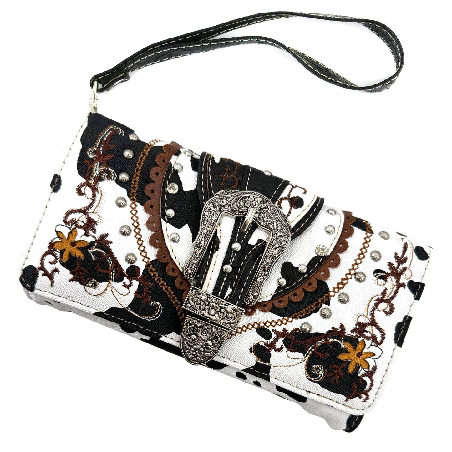 Cow Print Western Leather Buckle Crossbody Wallet: BRN