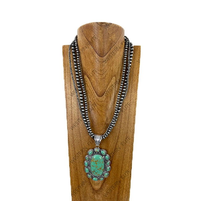 Triple Silver Navajo Pearl Strings with Oval Turquoise Necklace